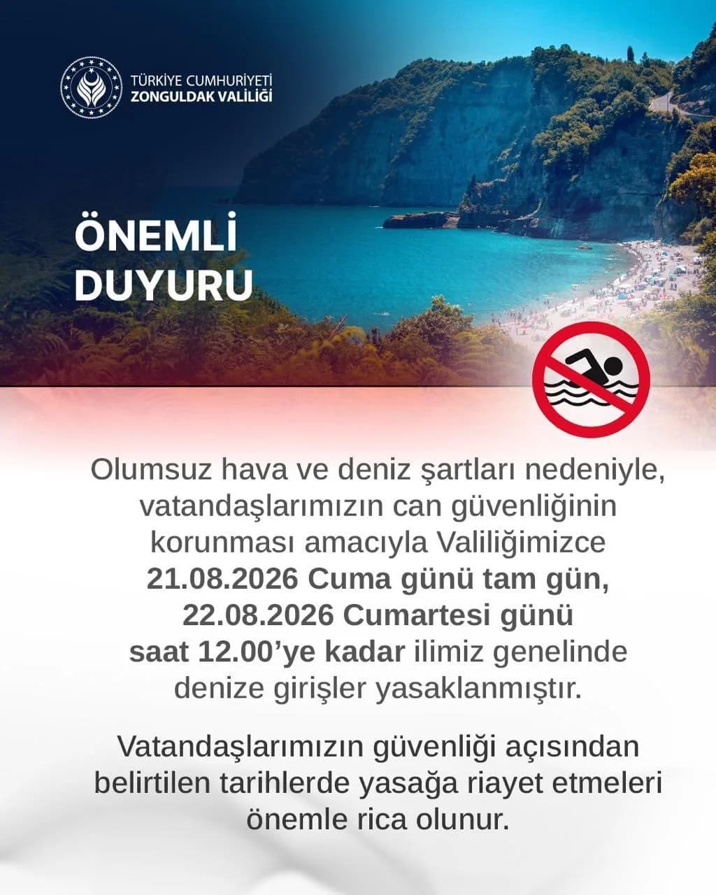 ZONGULDAK'TA ETKİLİ OLMASI BEKLENEN ŞİDDETLİ RÜZGAR VE YÜKSEK DALGA RİSKİ ÜZERİNE HAREKETE GEÇEN ZONGULDAK VALİLİĞİ, YAŞANABİLECEK BOĞULMA VAKALARININ ÖNÜNE GEÇMEK AMACIYLA İL GENELİNDE DENİZE GİRİŞLERİ YASAKLADI.