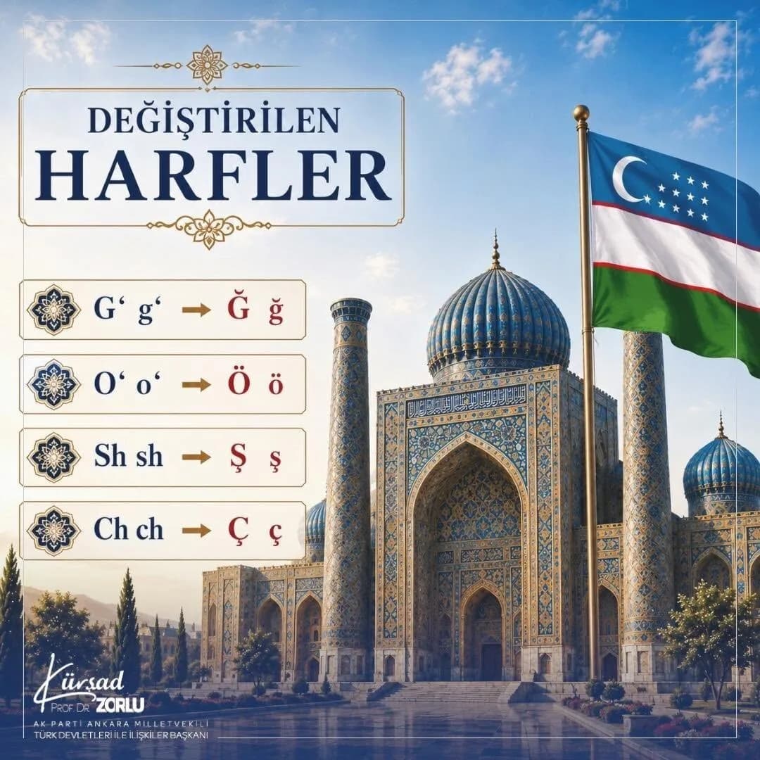 AK PARTİ GENEL BAŞKAN YARDIMCISI VE TÜRK DEVLETLERİ İLE İLİŞKİLER BAŞKANI KÜRŞAD ZORLU, ÖZBEK ALFABESİNE YÖNELİK DÜZENLEMEDEN BÜYÜK MEMNUNİYET DUYDUKLARINI AÇIKLADI.